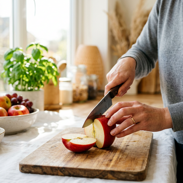 Person schneidet einen Apfel